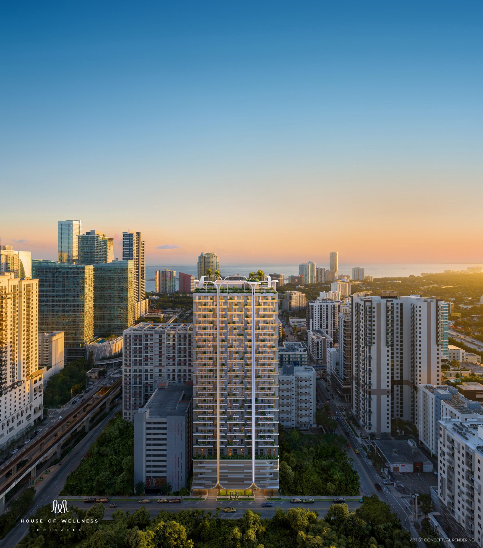 House of Wellness — the 34-story tower on SW 9th Street, Brickell, at sunset