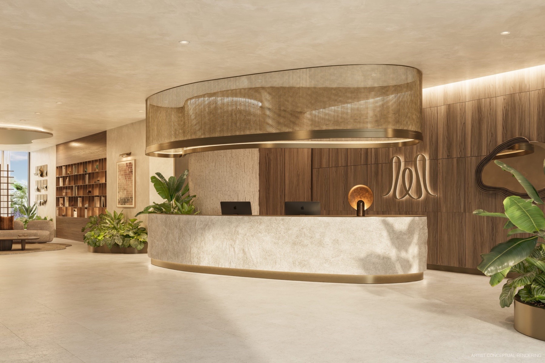 The lobby of House of Wellness — curved stone reception, wood and greenery