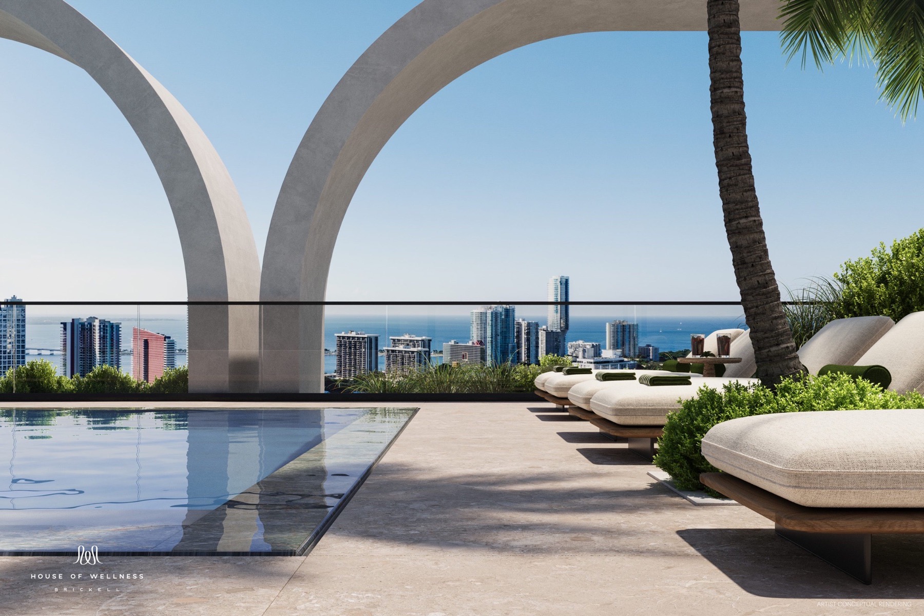 The Brickell skyline from the rooftop pool deck, under the crown's arches — artist's rendering