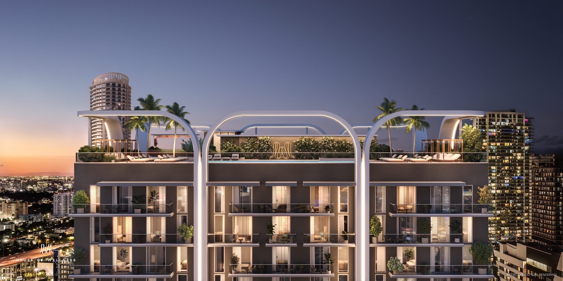 The rooftop pool deck at dusk — artist's rendering